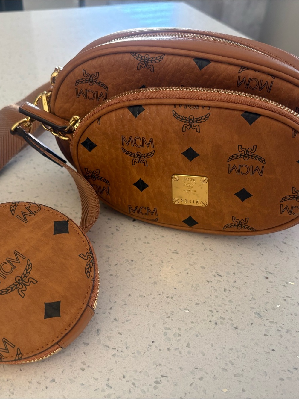 MCM Cognac Logo Visetos Oval Crossbody with Coin Pouch - Picture 2 of 8